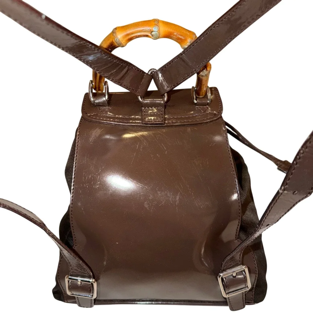Vintage Gucci Brown Mini Backpack w/ Bamboo Handle Patent Leather + Nylon Auth